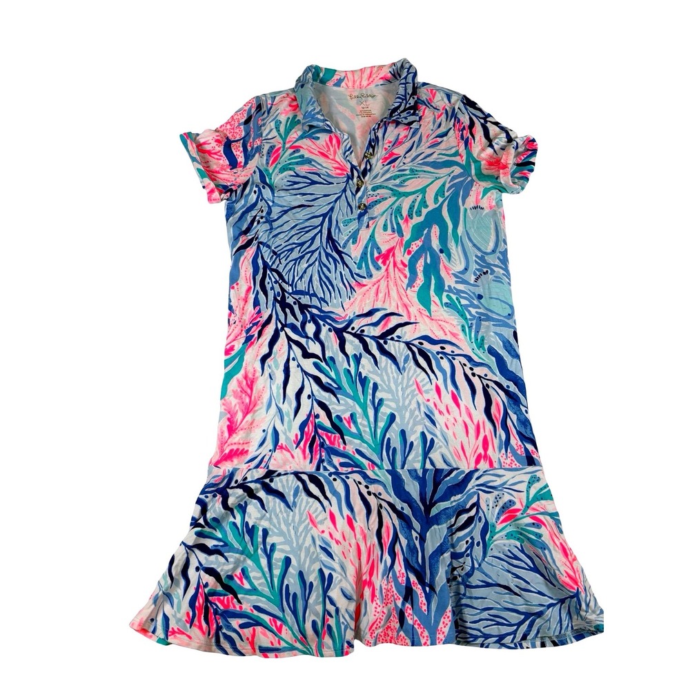 Lilly Pulitzer Girls XL 12-14 SADIE Kaleidoscope Coral SPF 50 Ruffle Polo Dress